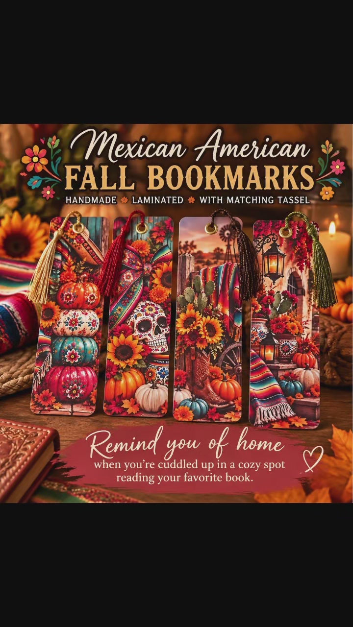 Mexican American Fall Bookmarks | Set of 4 - Handmade Laminated Bookmarks with Tassels | Cozy Autumn Reading Accessories