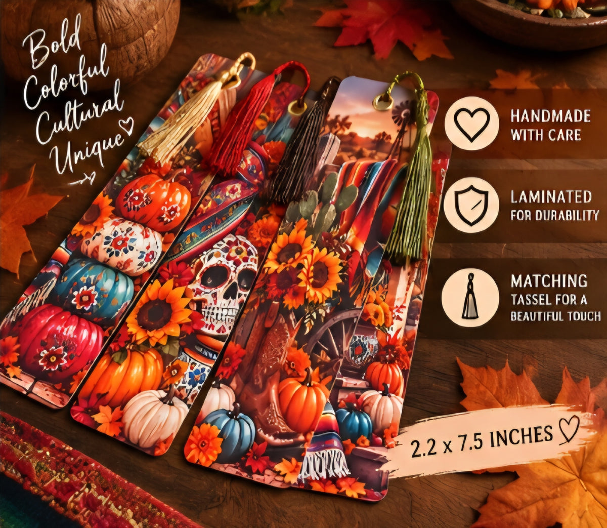 Mexican American Fall Bookmarks | Set of 4 - Handmade Laminated Bookmarks with Tassels | Cozy Autumn Reading Accessories