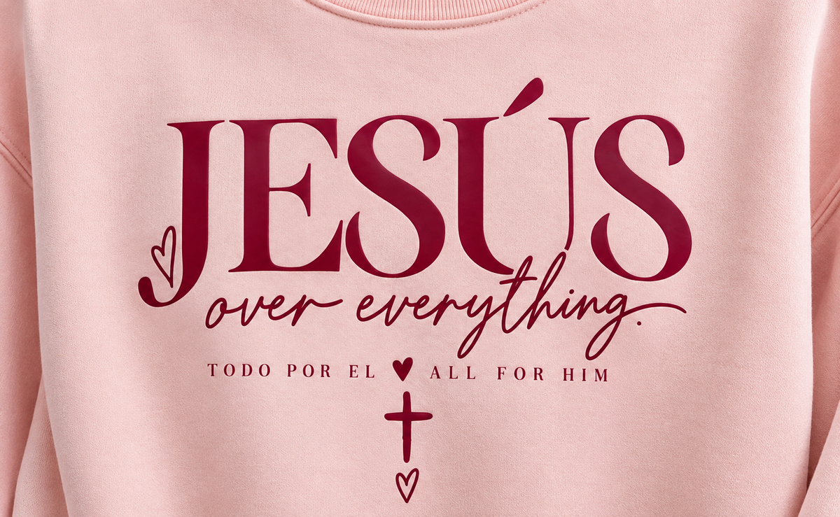 Christian Sweatshirt for Women -JESUS Over Everything | Pink Faith-Based | Bilingual