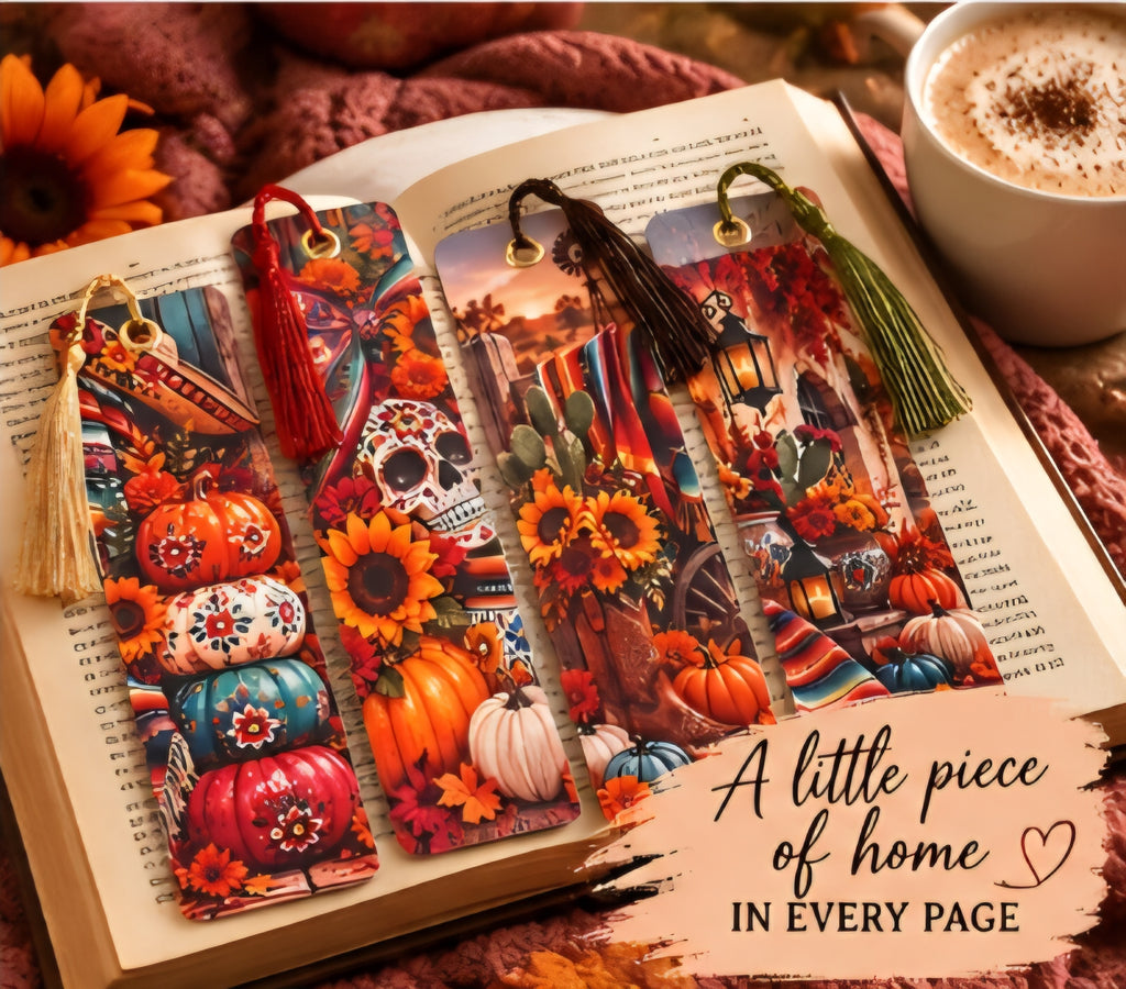 Mexican American Fall Bookmarks | Set of 4 - Handmade Laminated Bookmarks with Tassels | Cozy Autumn Reading Accessories