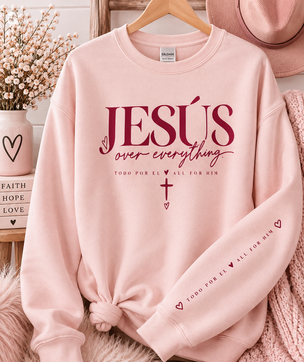 Christian Sweatshirt for Women -JESUS Over Everything | Pink Faith-Based | Bilingual
