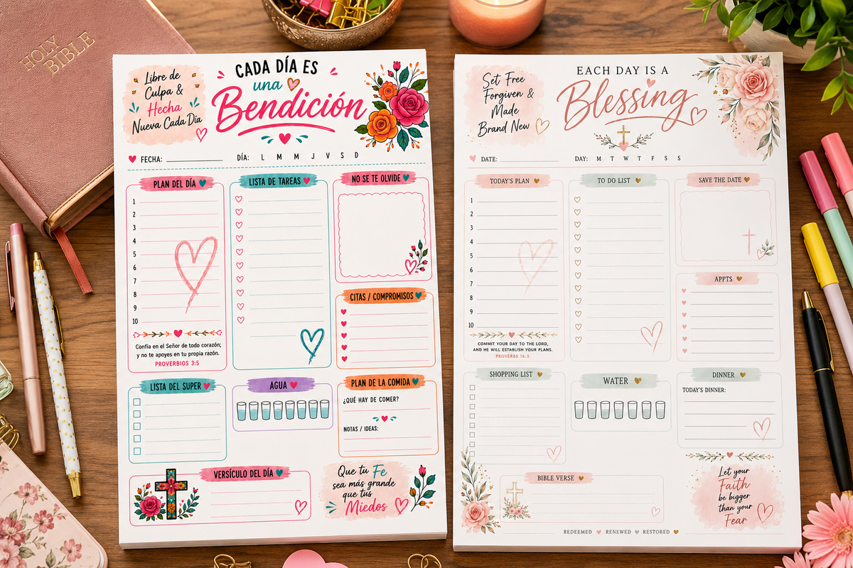 Christian Daily Planner Notepad for Women, Cute Colorful 8x11 To Do List Pad, 50 Sheets Devotional Organizer Available in English or Spanish