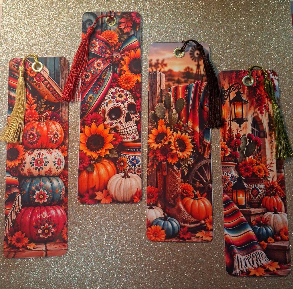 Mexican American Fall Bookmarks | Set of 4 - Handmade Laminated Bookmarks with Tassels | Cozy Autumn Reading Accessories