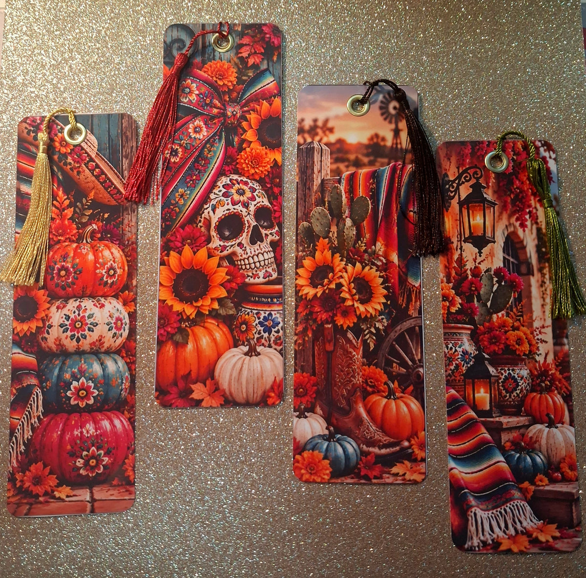 Mexican American Fall Bookmarks | Set of 4 - Handmade Laminated Bookmarks with Tassels | Cozy Autumn Reading Accessories